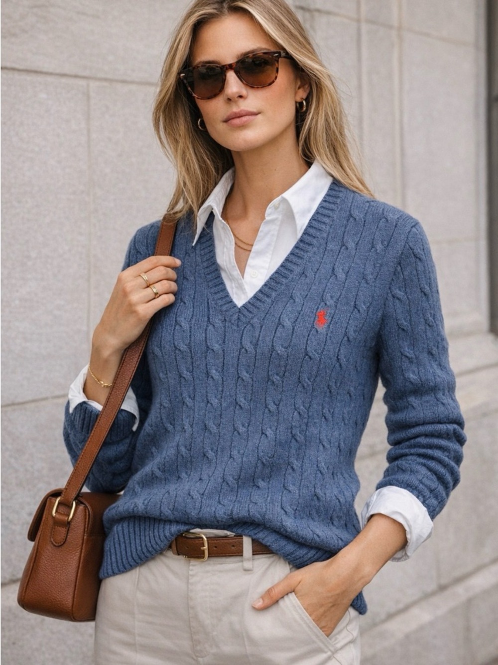 Polo Ralph Lauren 100% silk Blue old money Cable-Knit V-Neck Sweater Red Pony S